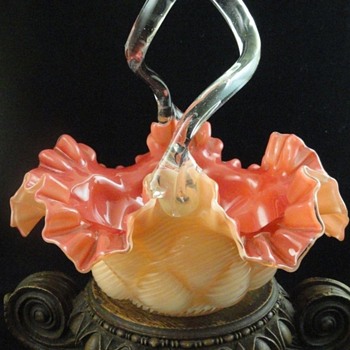 Antique Victorian Bohemian Cased Peach / Salmon Puffy Optic Rib Art Glass Basket - Art Glass