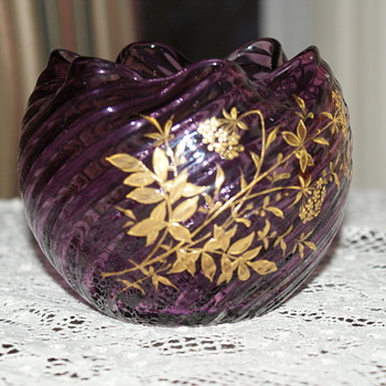 Purple Glass Rose Bowl with Gold Decoration - Art Glass