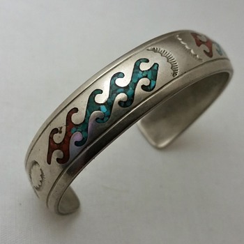 Nakai turquoise, coral chip inlay cuff - Fine Jewelry