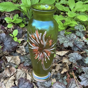 Bohemian Art Nouveau “Abstract Flower” decor yellow glass vase - Art Glass