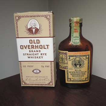 1940 Old Overholt Whiskey Bottle 1/10 Pint Mini Flask Original Box Package Broadford, PA National Distillers - Bottles