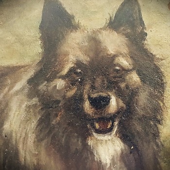 Antique Victorian Keeshond Dog Oil Portrait  Berville Paris French 1800s Signed M. Nicou - Animals
