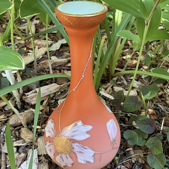 Early Loetz uranium satin glass vase with enamel Sphinx decor - Art Glass