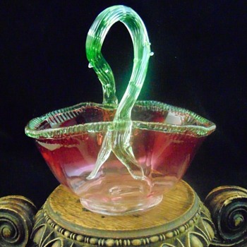 1895 Antique Bohemian Cranberry - Pink Art Glass Basket w/ Vaseline Twig & Thorn - Art Glass