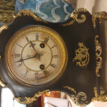 1893 Waterbury "Belva" Black Ornamented Enameled Metal clock - Clocks