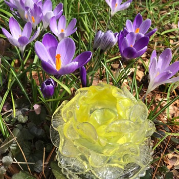Victorian glass fairy lamp - Clarke base with yellow flower shaped dome - Art Glass