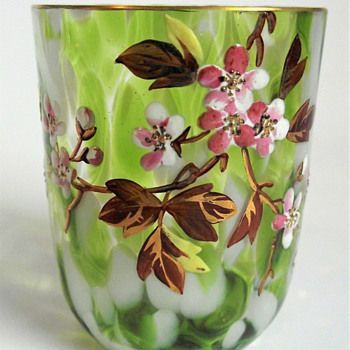 Signed Harrach Green Splatter Art Glass Tumbler& Finger Bowl Set with Hand Painted Floral Enameling - Art Glass