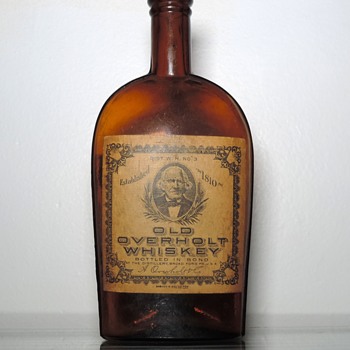 Old Overholt Antique Medicinal Whiskey Flask Bottle Medicinal 1912 Label Broadford, PA - Bottles