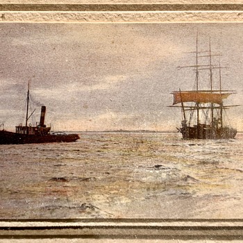 Antique Photo Steam tug towing 3 masted schooner - Photographs