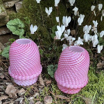 Pair Victorian Welz pink swirled stripe cased glass fairy lamps - Art Glass