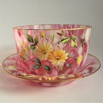 Signed Harrach Rose Pink Splatter Art Glass Tumbler& Finger Bowl Set with Hand Painted Floral Enameling - Art Glass