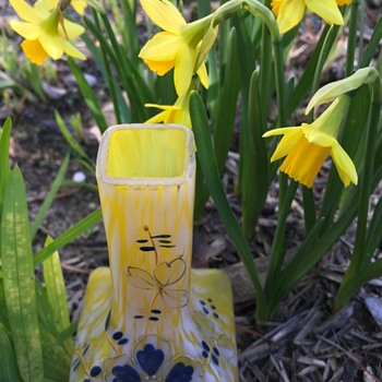 Victorian Welz yellow & white spatter glass vase with enamel decoration