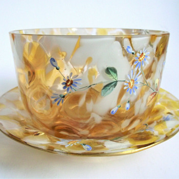 Signed Harrach Amber Gold Splatter Art Glass Tumbler& Finger Bowl Set with Hand Painted Floral Enameling - Art Glass