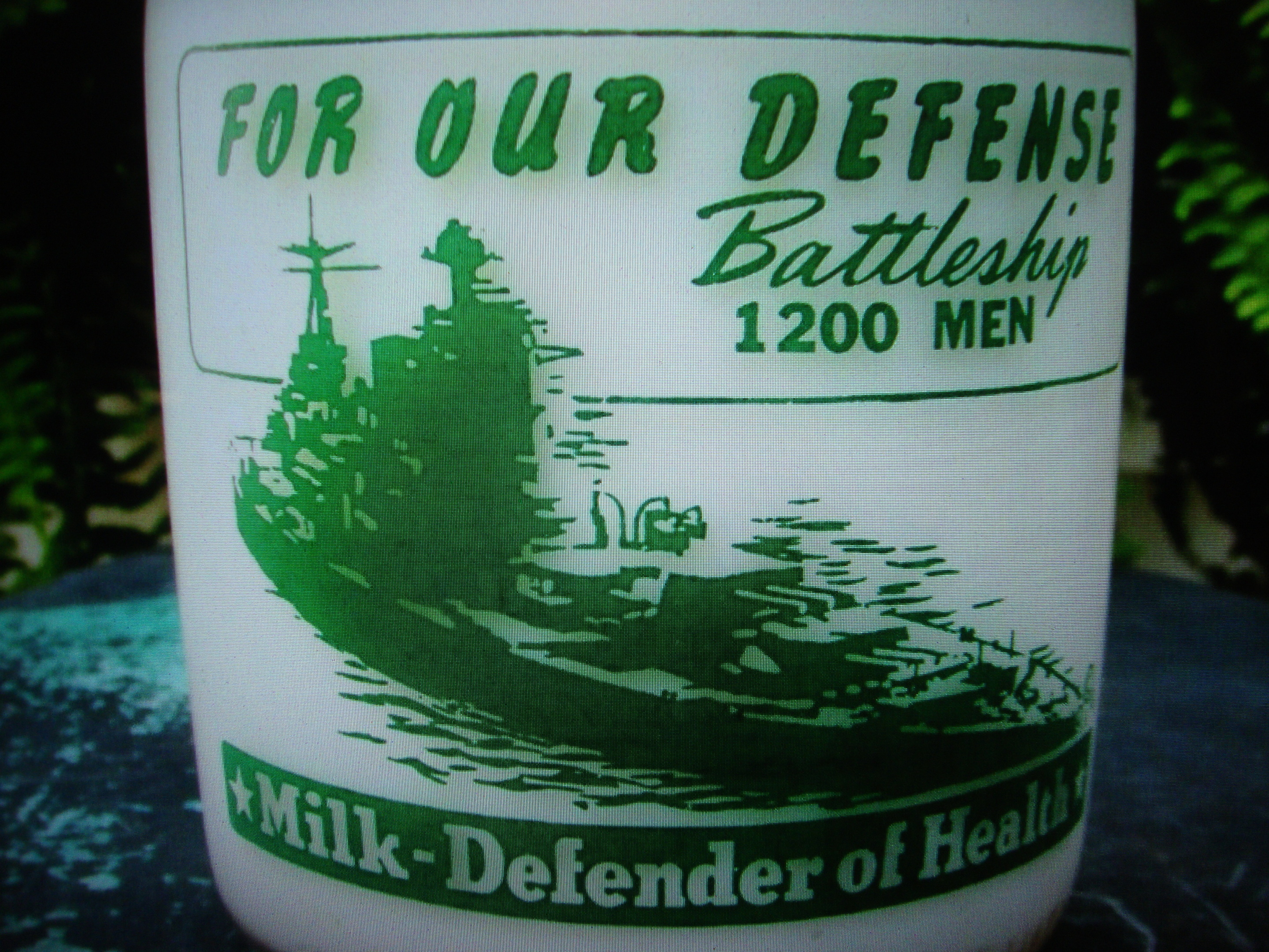 ROSEDALE DAIRY "FOR OUR DEFENSE" WAR SLOGAN BATTLESHIP MILK BOTTLE
