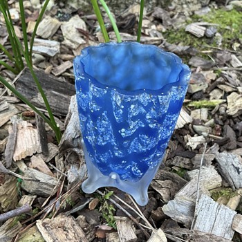 Victorian crackle/spatter satin glass mini vase with applied footed base - Art Glass