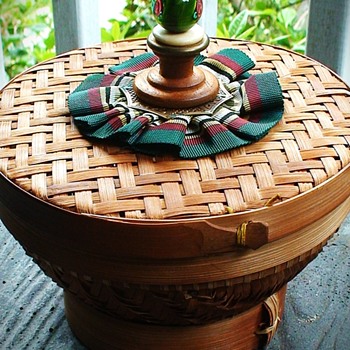 Mackenzie-Childs Circa 1993 Rattan Basket with Glass Insert Personal Collection (Order # 1928 Small Rattan Basket with Lid) - Furniture