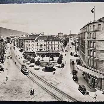 1947 Swiss Airmail Postcard — Biel/Bienne Street Scene to San Francisco - Postcards