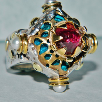 Ornate Medieval/Victorian Ruby/Rubellite and Pearl Silver and 24k Gold Ring - Fine Jewelry