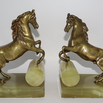 Antique Bronze Horses On Green Onyx Bases Bookends - Animals