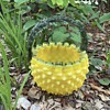 Victorian cadmium yellow hobnail glass basket with green thorn handle & crest