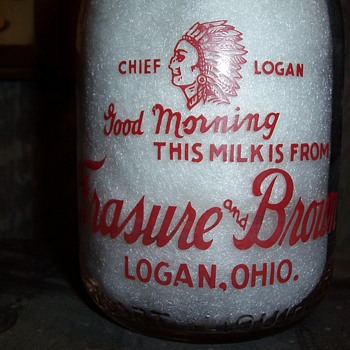 Frasure & Brown "Chief Logan" quart milk bottle w/cap - Advertising