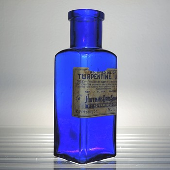 1920's Antique F.C. Hoffman's Drug Store Cobalt Blue Medicine Bottle Scottdale Pennsylvania Glass Terpentine - Bottles