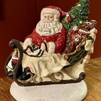 Vintage Cast Iron Santa And His Sleigh Full Of Toys Doorstop - Christmas