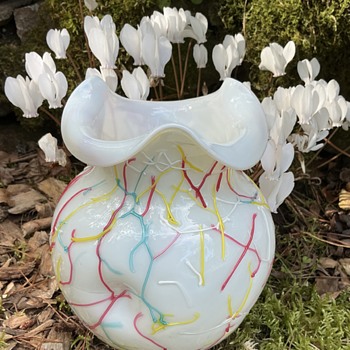 Victorian Peloton glass vase, white with coloured threads  - Art Glass