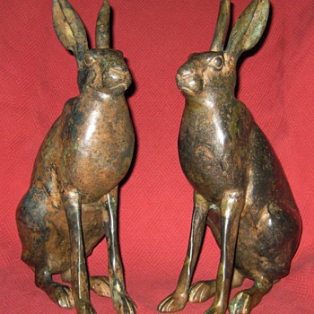 Large Pair of Pierre Chenet Solid Bronze Hares - Animals