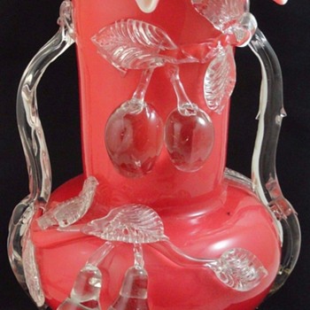 Antique Bohemian Victorian Salmon Pink Applied Plum & Pear Art Glass Vase - Art Glass