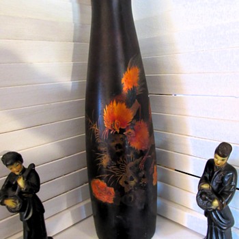 Large 18" Pair Of Early Hand Black Enamel Rooster Themed Vases MYSTERY MARK - Pottery