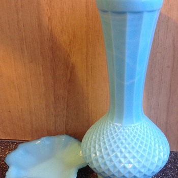 Blue milk glass vase and pin dish - Glassware