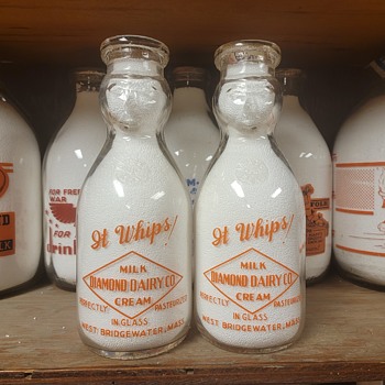 2 DIAMOND DAIRY COMPANY..WEST BRIDGEWATER MASSACHUSETTS COP THE CREAM MILK BOTTLES - Bottles