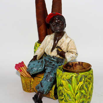 Antique Little Boy With Corncob Pipe Cigar and Match Holder - Tobacciana
