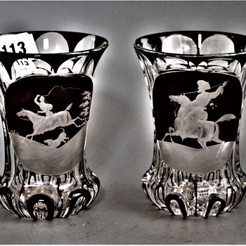 2 Beakers with red Overlay and engraving - Art Glass