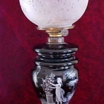 Antique Victorian Bohemian Mary Gregory Art Glass Oil Lamp with Acid Etched Cameo Globe from Schreiber Neffen - Art Glass